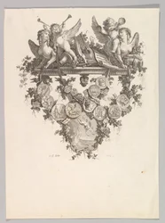 Vignet met sfinxen en putti