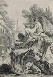 Fontein met een Najade zittend op een schelp