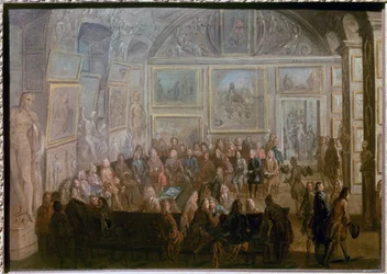Vergadering van de Academie voor Schilderkunst en Beeldhouwkunst in de Salon de Diane in het Louvre