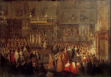 Kroning van Lodewijk XV (1710-1774) in de Kathedraal van Reims op 25/10/1722
