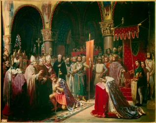 Koning Lodewijk VII neemt de oriflamme in de Basiliek van Saint Denis in aanwezigheid van koningin Alienor van Aquitanië