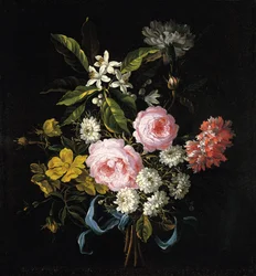 Boeket van kamille, rozen, oranjebloesem en anjers gebonden met een blauw lint