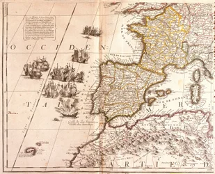 Kaart van de Westelijke Middellandse Zeelanden: Frankrijk, Spanje, Portugal en Noord-Afrika, met de Balearen, Corsica en Sardinië
