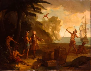 Amerika - Een Europese handelaar onderhandelt met Native Americans voor een vat tabak en andere goederen