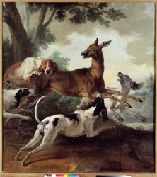 Hert achtervolgd door honden. Jachtscène. Schilderij door Jean Baptiste Oudry (1686-1755)