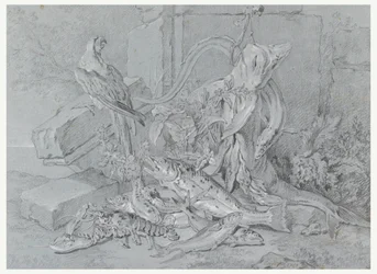Tekening, Stilleven met vis en papegaai, 1740