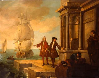 Europese kooplieden met sjouwers die een vat en een baal op een kade hanteren