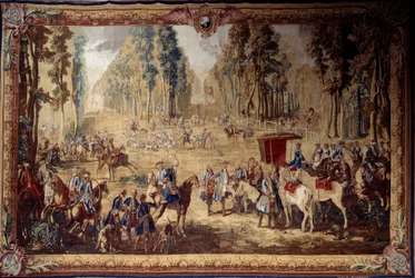 Wandtapijt met de jachten van Lodewijk XVI: de ontmoeting bij het kruispunt van de Koningsput in het bos van Compiegne