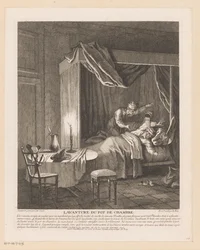 Man schrikt wakker door kamerpot die over hem geleegd wordt (Scènes uit de Roman Comique van Scarron)