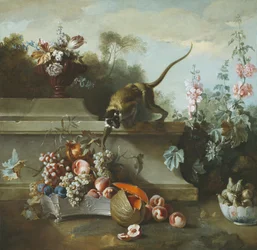 Stilleven met aap, fruit en bloemen, 1724