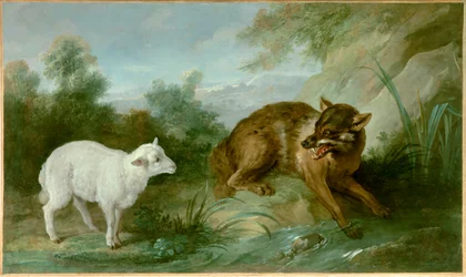 De wolf en het lam. Illustratie van een fabel door Jean de La Fontaine (1621-1695)