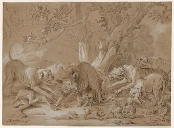 Wilde zeug en haar jongen aangevallen door honden, 1748