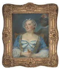 Portret van een vrouw in blauwe jurk en haar zwarte bediende