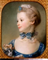 Portret van een klein meisje met een kat - Het jonge meisje heeft een lint en een lichte sluier om de hals met een knoop en streelt de kop van een kat met haar vingertoppen - Pastelschilderij door Jean-Baptiste Perroneau (Jean Baptiste Perronneau) (1715-17
