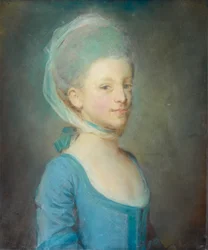 Portret van een jonge vrouw met een hoofddoek van gestreept gaas