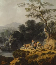 Een rivierdal landschap met herders en reizigers