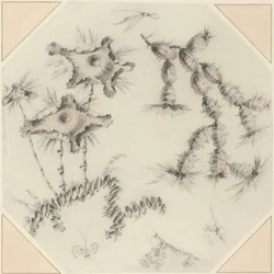 Bamboebloemen en cactussen (zwart en rood krijt op geschept papier)