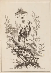 Struisvogelrijders, plaat uit een set van chinoiserie voorstellingen