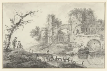 Ruïne aan een rivier met twee landlieden