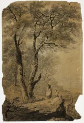 Boslandschap met twee vrouwen op de voorgrond