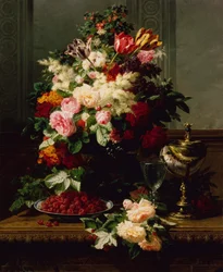 Een Stilleven van Rozen, Tulpen en andere Bloemen op een Duitse Compote