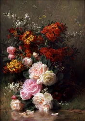 Zomerbloemen (waaronder rozen en geraniums). Schilderij van Jean Baptiste Robie (1821-1910) Privécollectie.