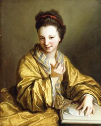 Een Jonge Dame, Gekleed in een Gele Gewaad, Zittend aan een Tafel, Wenkt