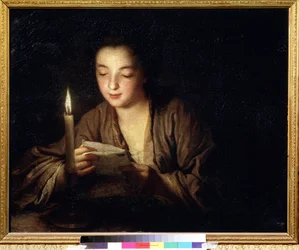 Meisje met een kaars. Schilderij van Jean Baptiste Santerre (1658-1717), circa 1700, Franse kunst uit de 18e eeuw