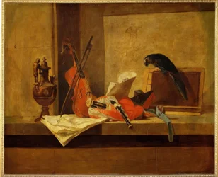 J.B.S. Chardin, muziekinstrumenten en papegaai