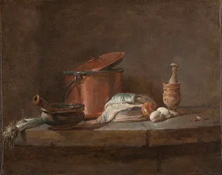 Keukengerei met prei, vis en eieren, c. 1734