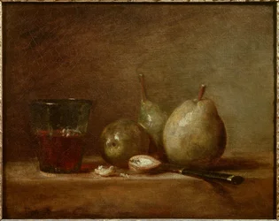 Peren, noten en glas wijn. Stilleven
