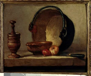 Het koperen ketel stilleven met vijzel en uien