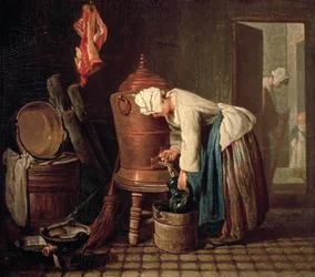 Vrouw die water uit een koperen vat haalt, ca. 1732