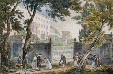 Een villa: ontmoetingsscène van de adel - gravure door Jean-Baptiste Thomas, circa 1820