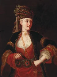 Een dame, driekwart lengte, in oosterse kleding