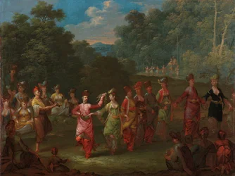 Griekse mannen en vrouwen dansen de khorra