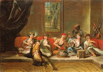 Griekse zeelieden die feestvieren in een interieur