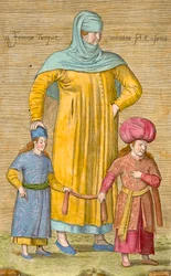 Vrouw die haar kinderen leidt, plaat uit 