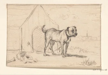 Aangelijnde hond, staande voor zijn hok