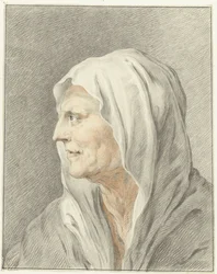 Hoofd van oude vrouw met hoofddoek, en profil naar links