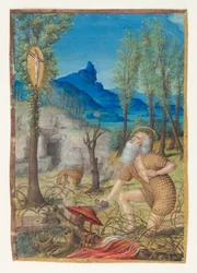 De boetvaardige heilige Hiëronymus in een kluizenarij, verso: tekst van de antifoon voor de heilige Gregorius