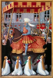 De triomfantelijke intocht van koning Lodewijk XII in Genua in april 1507. Miniatuur uit "Le voyage a Genes" door Jean Marot, verlucht door Jean Bourdichon 1508. Parijs, B.N.