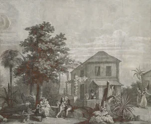 Familietijd, behangpaneel uit de serie "Paul et Virginie", door Dufour & Cie, ca.1823
