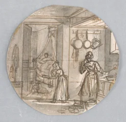Ontwerp voor een Geschilderd Porseleinen Bord, Keukenscène met Achterkamer, mogelijk voor de Service des Objets de Dessert (Dessertservice)