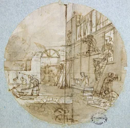 De werkplaats van de metselaar, plaatontwerp voor een dienst die verschillende beroepen uitbeeldt, ca. 1820-35