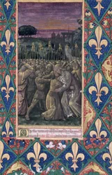 Ms. Lat. Q.v.I.126, fol. 100: De kus van Judas, uit het ‘Getijdenboek van Lodewijk van Orléans’, 1469