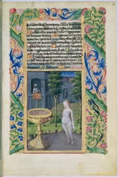 Ms Lat. Q.v.I.126 f.58 David bespiedt Bathseba terwijl zij baadt, uit het getijdenboek van Lodewijk van Orléans, 1469