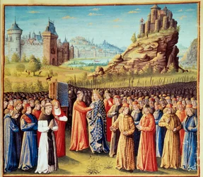 Tweede Kruistocht (1147-1149): Koning Lodewijk VII neemt het kruis op in Vézelay in aanwezigheid van Sint Bernardus van Clairvaux en de bisschop van Versailles op 31/03/1146. Veel baronnen namen ook het kruis