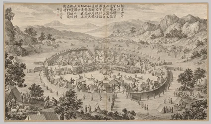 Khan van Bada Shan brengt eerbetoon: uit Slagscènes van het onderdrukken van opstanden, ca. 1765-177