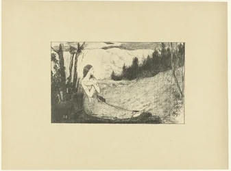 Heilige Agnes zit op rots in landschap